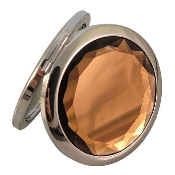 Compact Carmel Brown Faceted Crystal Travel Mirror - New! - Picture 1 of 5